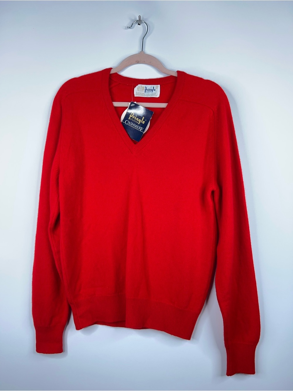 Pringle of Scotland Vintage Cashmere Bright Red Sweater V-Neck Unisex New w/Tags